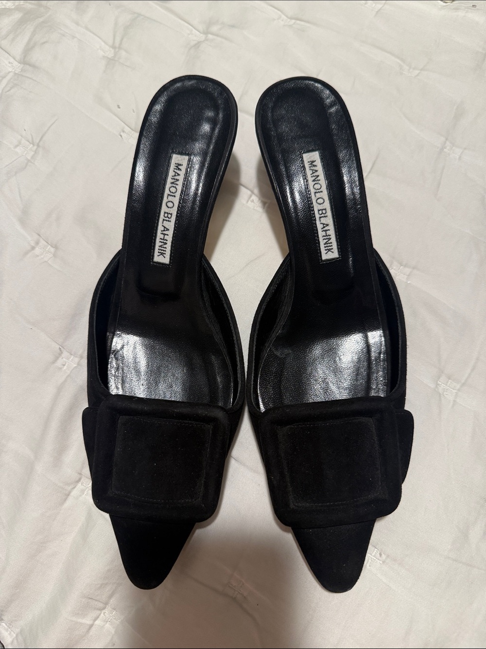 Manolo Blahnik Maysale Black Suede Pointed Toe Mule Slides